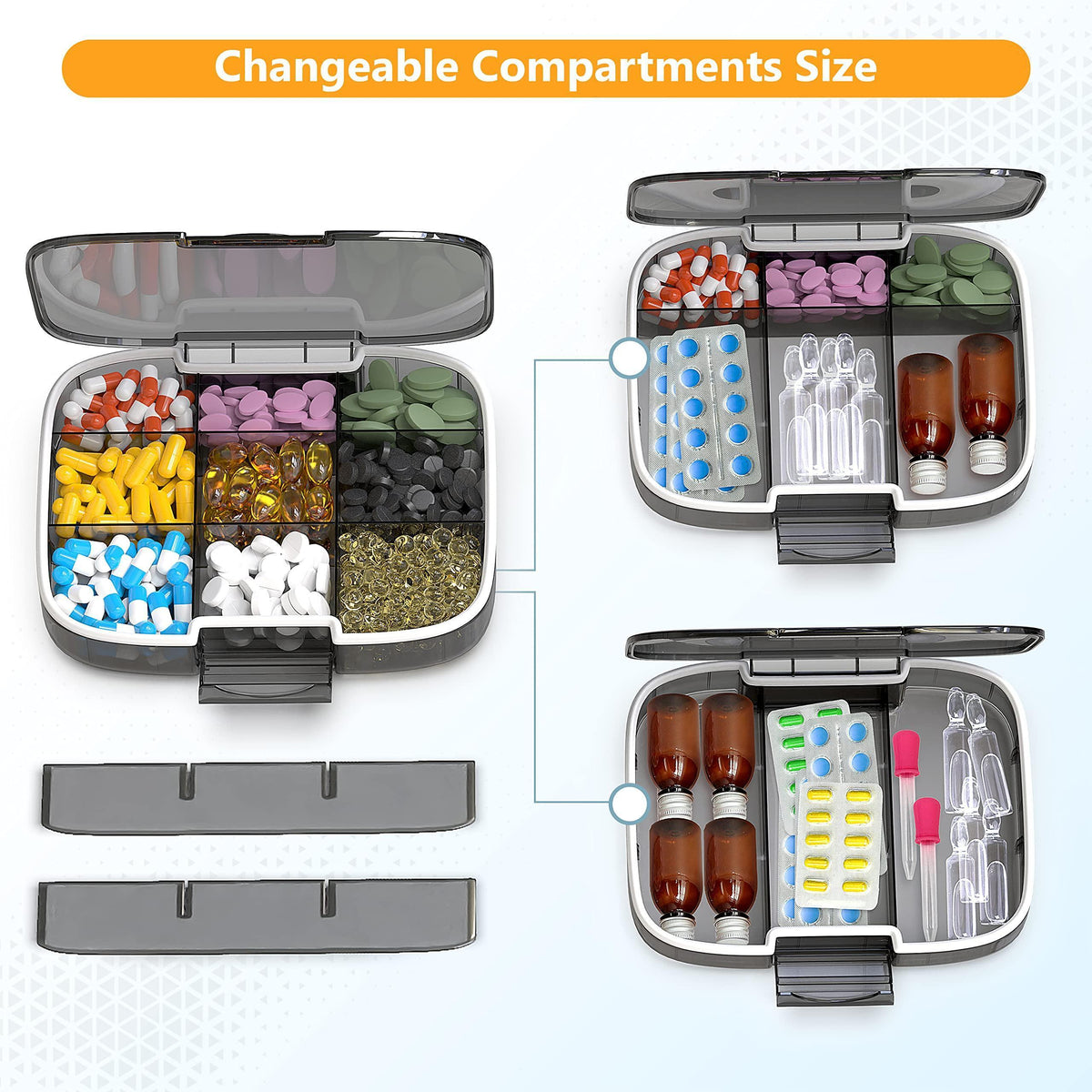 Extra Large Pill Organizer Medicine Case Black Pill Box Adjustable Compartment
