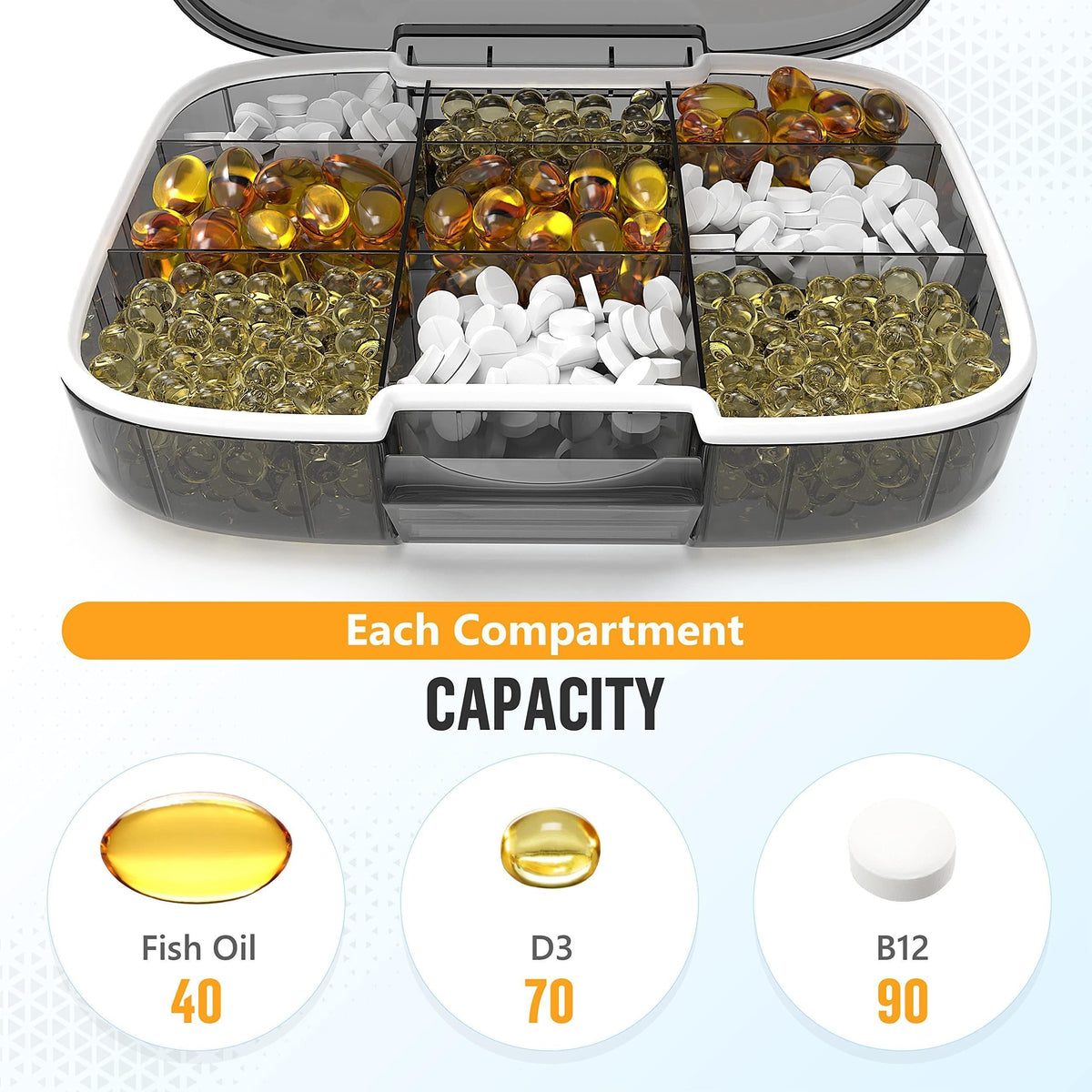 Extra Large Pill Organizer Medicine Case Black Pill Box Adjustable Compartment