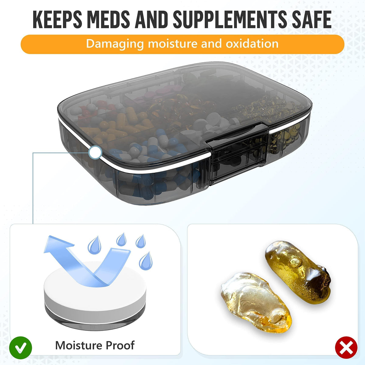 Extra Large Pill Organizer Medicine Case Black Pill Box Adjustable Compartment